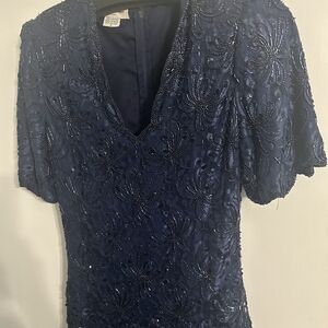 Laurence Kazar Midnight Blue Beaded Gown